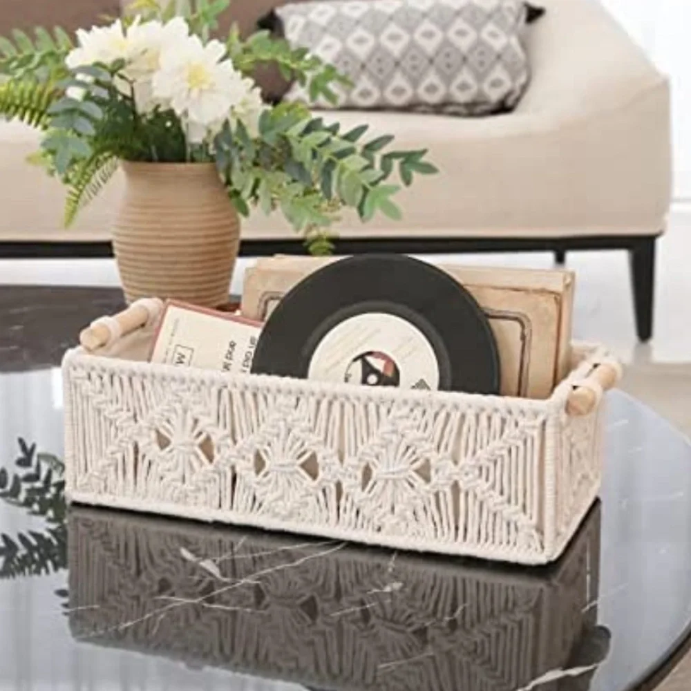 Set of 2 Ivory macrame toilet paper holder and storage basket